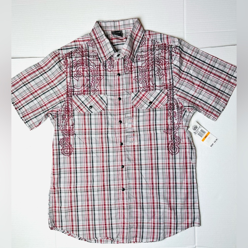 Irreverent Pearl Snap Shirt Mens‎ S Red Black Rockabilly Western Plaid Cowboy
